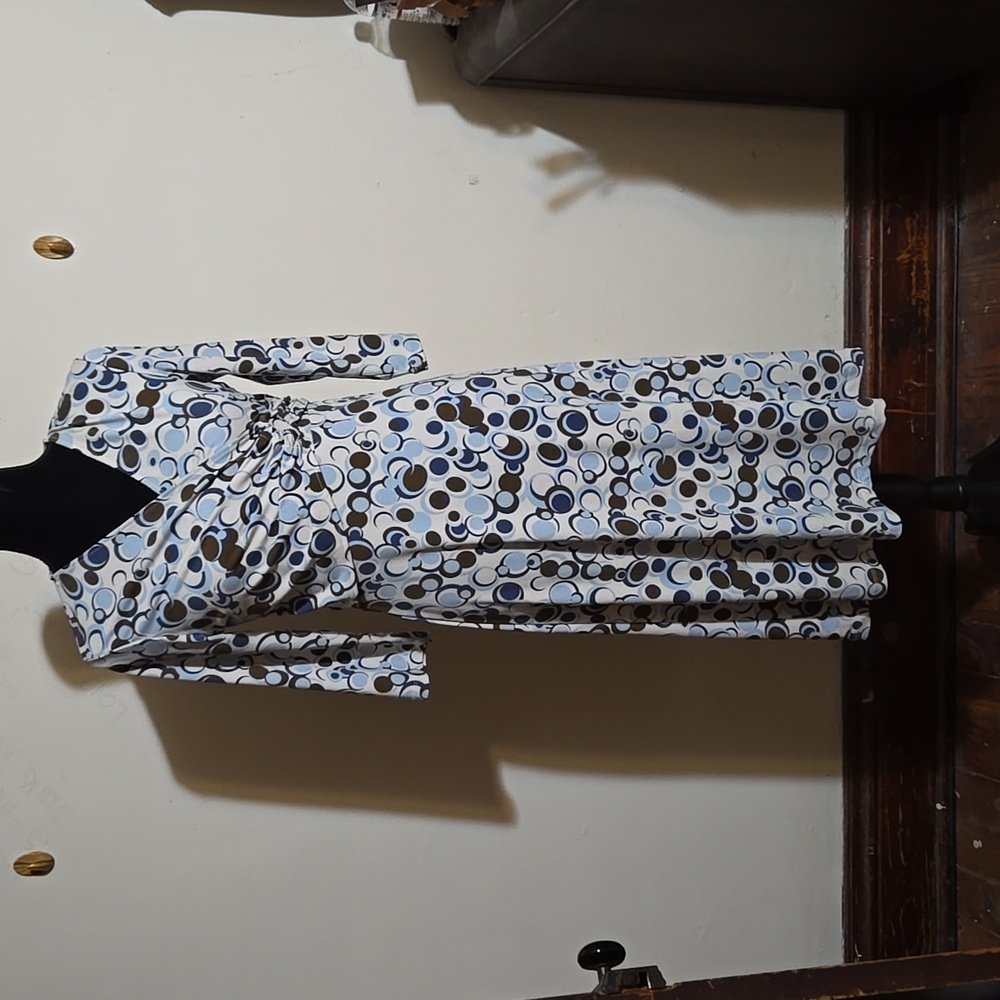 Vintage Chadwicks Womens Sz 6 Midi Length 3/4 Sleeve Dress White Blue Dots Caree
